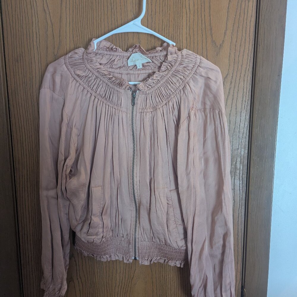 Love Sam Anthropologie Silk Like Bomber Zip Jacket Pale Pink Ruffles, Y2K-S